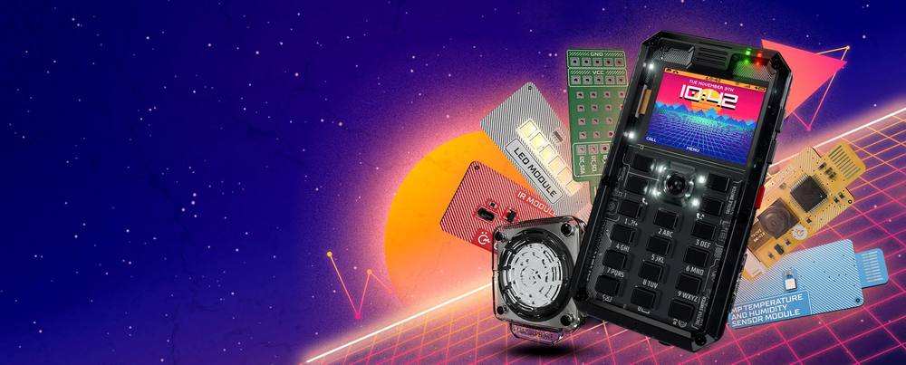 MAKERphone 2.0 key art: the phone upright with six labelled expansion modules floating around it over a neon grid horizon.