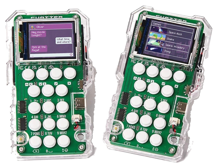 A pair of Chatter 2.0 encrypted communicators with keypads and small screens.